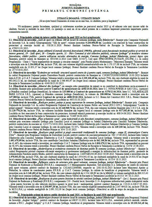 MESAJUL PRIMARULUI COMUNEI ȘOTÂNGA 2026