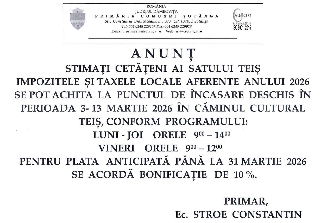 ANUNȚ - ÎNCASARE IMPOZITE ȘI TAXE CĂMIN CULTURAL TEIȘ