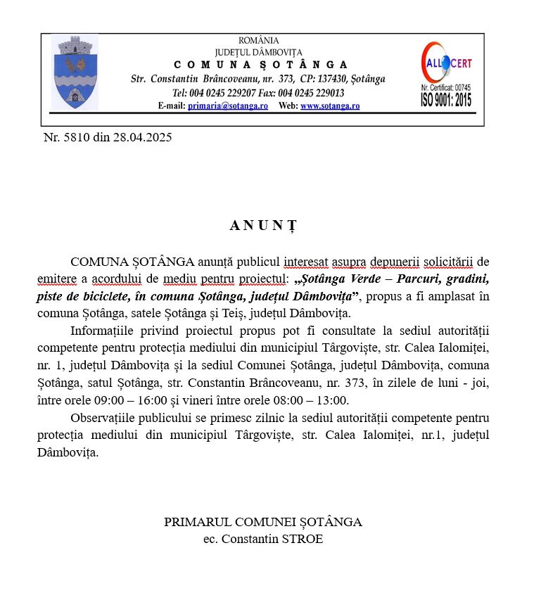 ANUNȚ - DEPUNERE SOLICITARE PRIVIND ACORDUL DE MEDIU