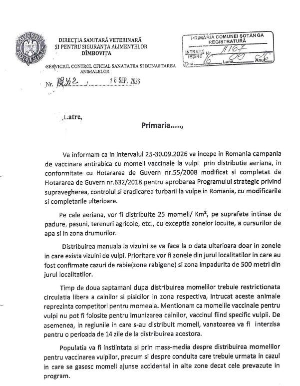 INFORMARE D.S.V.S.A. - CAMPANIE VACCINARE ANTIRABICĂ