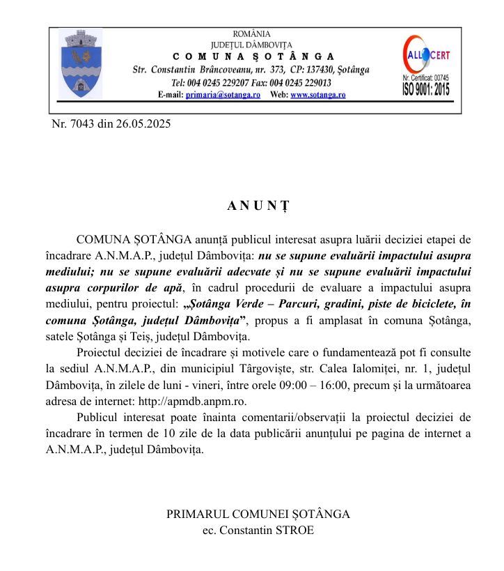ANUNȚ - deciziei etapei de încadrare APM  Șotânga Verde – Parcuri, gradini, piste de biciclete, în comuna Șotânga, județul Dâmbovița