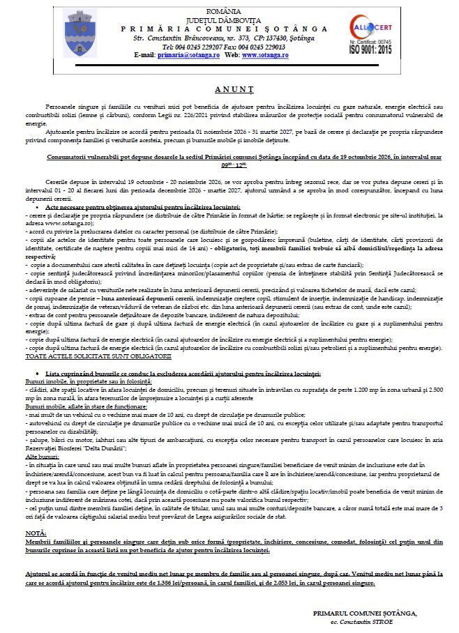 📢 ANUNȚ IMPORTANT – AJUTOARE PENTRU ÎNCĂLZIREA LOCUINȚEI