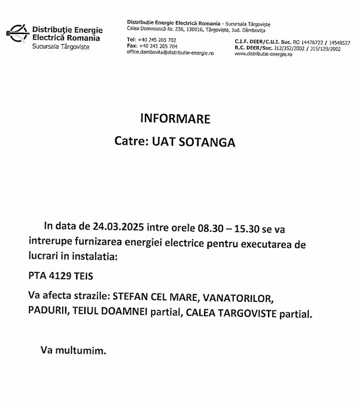 INFORMARE  DISTRIBUȚIE ENERGIE ELECTRICĂ