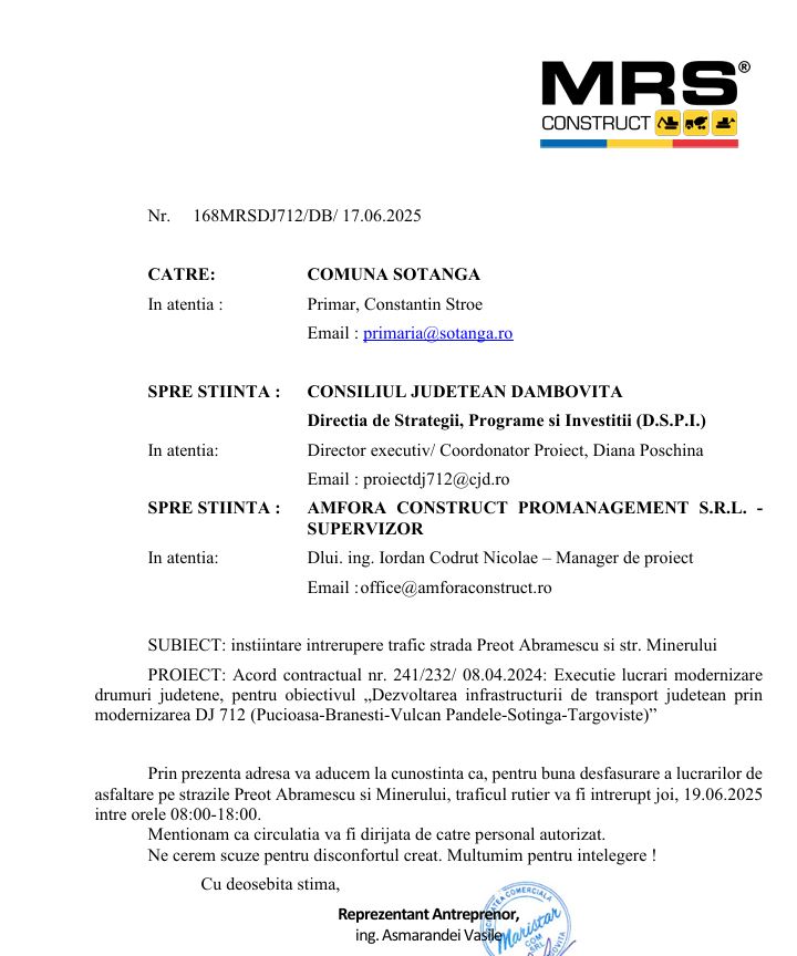 ANUNȚ MRS -  închidere circulație strada Preot Abramescu și strada Minerului, joi 19.06.2025 între orele 8:00 - 18:00