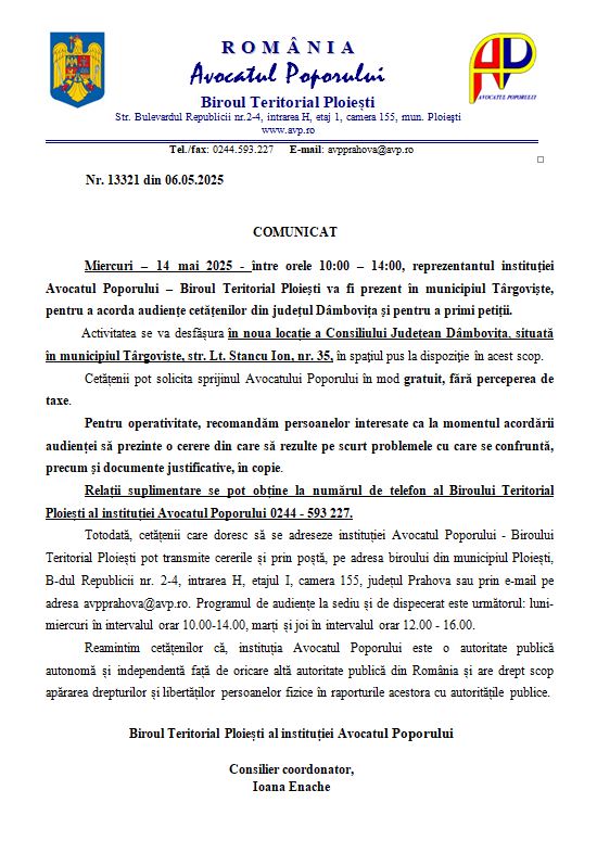 COMUNICAT -  AUDIENȚĂ AVOCATUL POPORULUI 14.05.2024