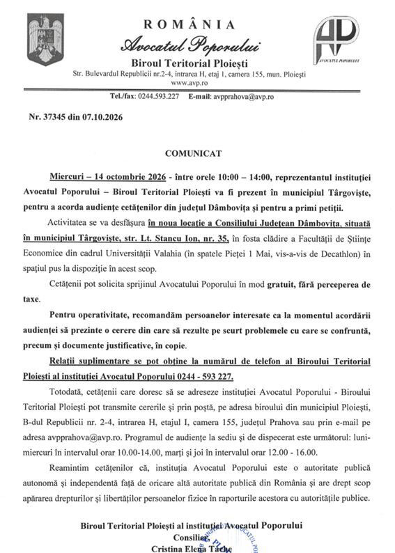 COMUNICAT - AUDIENȚĂ AVOCATUL POPORULUI ÎN DATA DE 14.10.2026