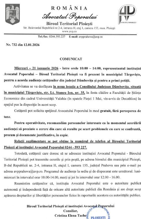 COMUNICAT -  AUDIENȚĂ AVOCATUL POPORULUI 21.01.2026