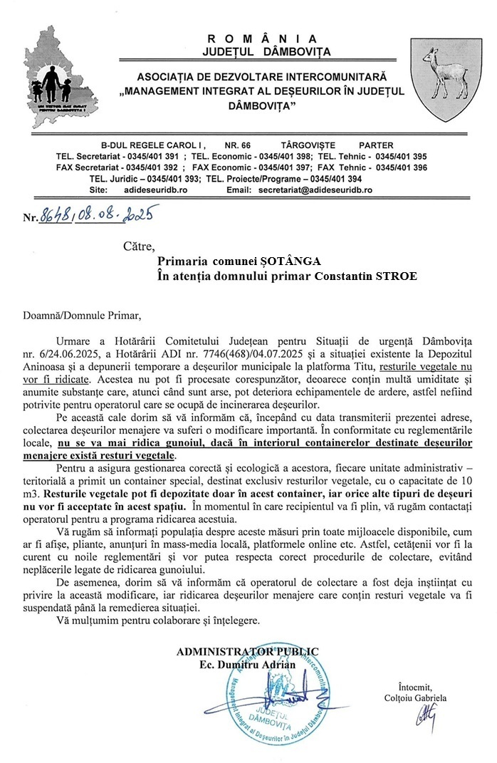 ANUNȚ -  Modificare colectare deșeuri