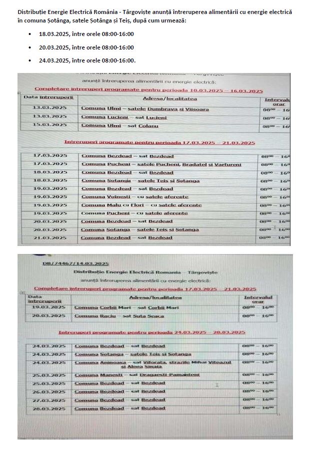 ANUNȚ - DISTRIBUȚIE ENERGIE ELECTRICĂ ROMÂNIA - TÂRGOVIȘTE