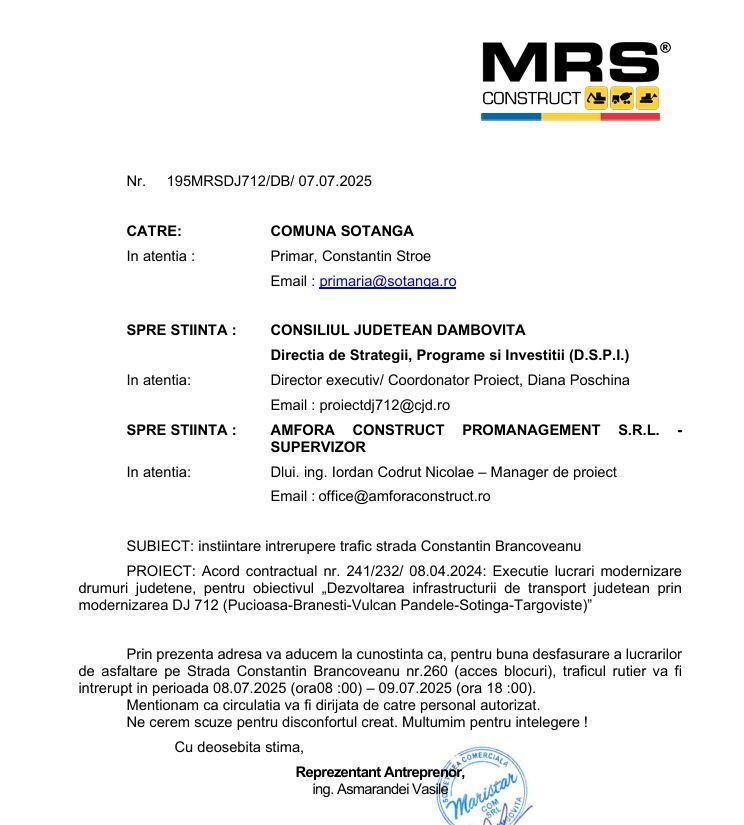ANUNT MRS - INTRERUPERE TRAFIC STRADA CONSTANTIN BRANCOVEANU