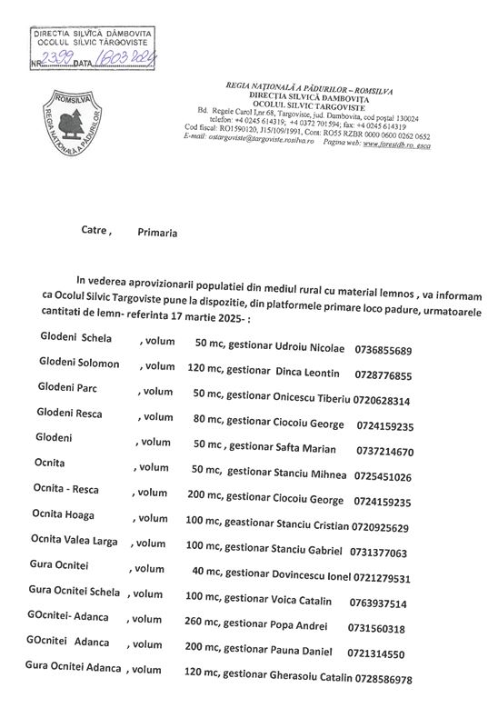 OCOLUL SILVIC TÂRGOVIȘTE - Informare referitor aprovizionare populație cu material lemnos