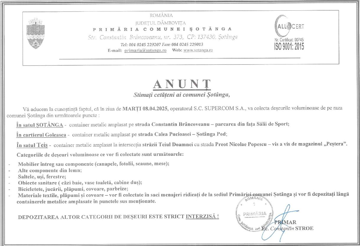 ANUNȚ COLECTARE DEȘEURI VOLUMINOASE DE PE RAZA COMUNEI ȘOTÂNGA