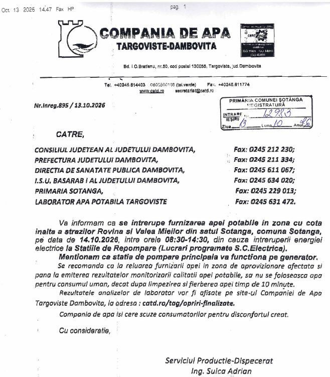 ÎNTRERUPERE FURNIZARE APĂ POTABILĂ STRADA ROVINĂ ȘI STRADA VALEA MIEILOR, COMUNA ȘOTÂNGA, ÎN DATA DE 14.10.2026, ÎNTRE ORELE 8:30-14:30