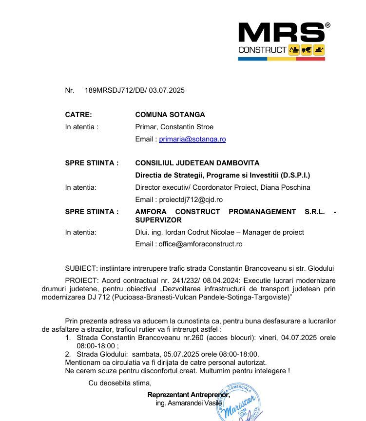 ANUNȚ MRS - ÎNTRERUPERE TRAFIC STRADA CONSTANTIN BRÂNCOVEANU ȘI STR. GLODULUI