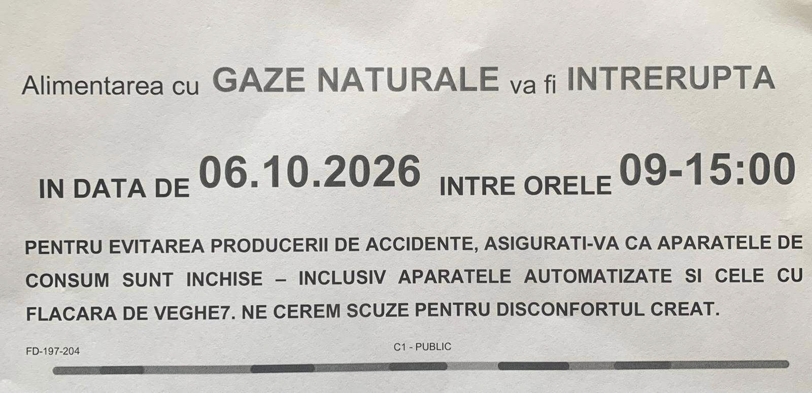 ÎNTRERUPEREA ALIMENTĂRII CU GAZE NATURALE – ÎN SATUL ȘOTÂNGA - 06.10.2026