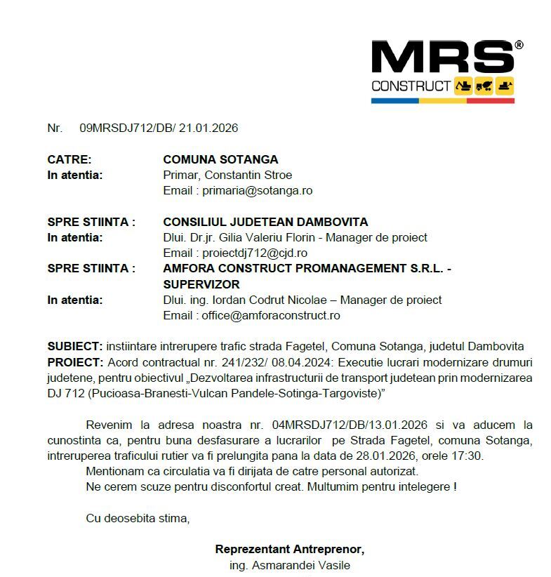 ANUNȚ MRS - Întrerupere trafic rutier strada Făgețel